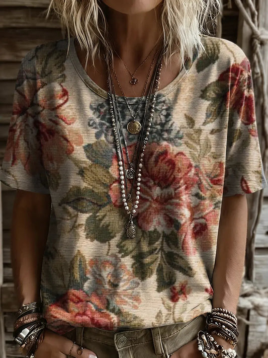 Vintage Flowers Women And Men's Vintage Art Print Casual T-shirt