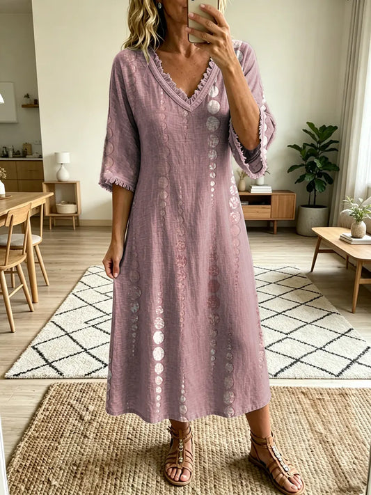 Women's Polka Dot Art Print V-Neck Short Sleeve Tassel Cotton Pocket Dress