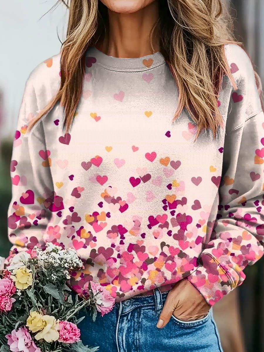 Valentine's Day Gradient Heart Print Casual Crew Neck Sweatshirt