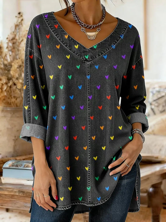 Valentine's Day Heart Print Casual Washed Denim Cotton Top