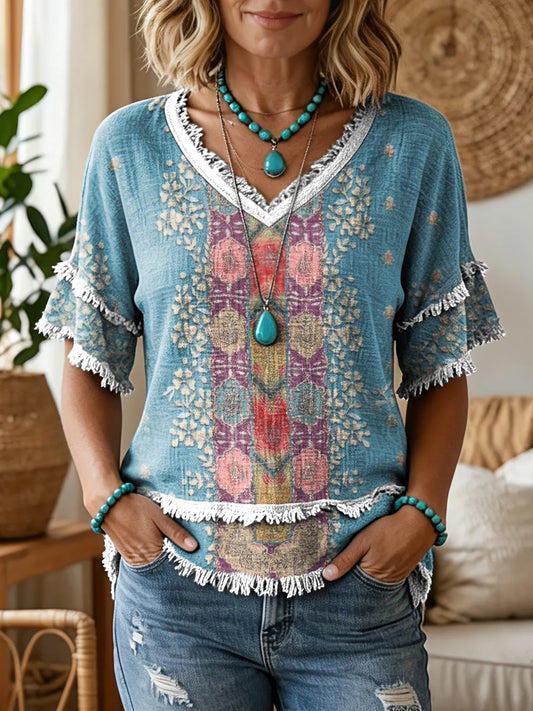 Women's Retro Ethnic Floral Art Print V-Neck Tasseled Cotton Top