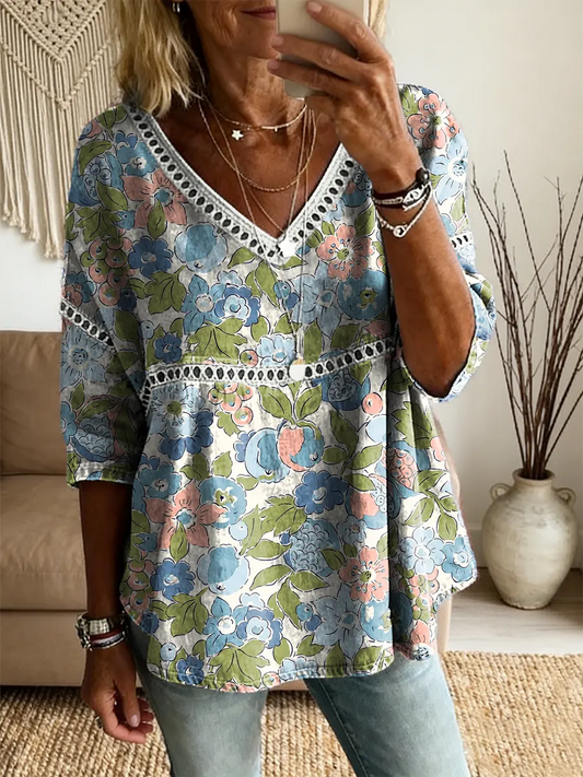 Ethnicity Flowers Bohemia Women's Vintage Art Print Casual V Neck Cutout Top