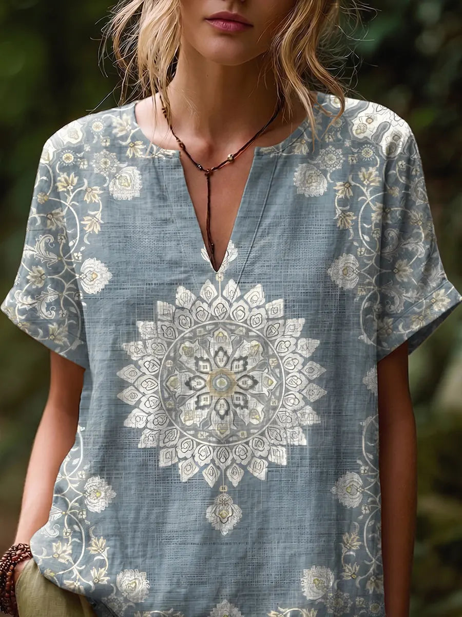 Ethnicity Light Blue Totem Women's Art Print Casual Short-sleeve V-neck Cotton Linen Shirt
