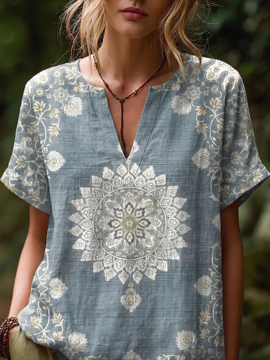 Ethnicity Light Blue Totem Women's Art Print Casual Short-sleeve V-neck Cotton Linen Shirt