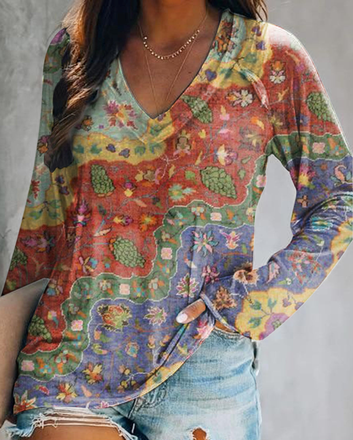 Women's Bohemian Floral Wave Collage Art Pattern Print Casual V-Neck Long Sleeve T-Shirt