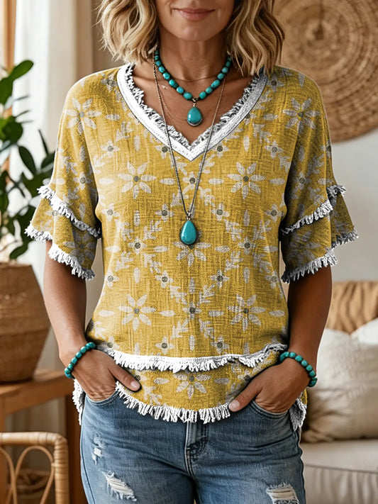 Women's Ethnic-Style Retro Yellow Floral Art Print V-Neck Cotton Top with Tassels