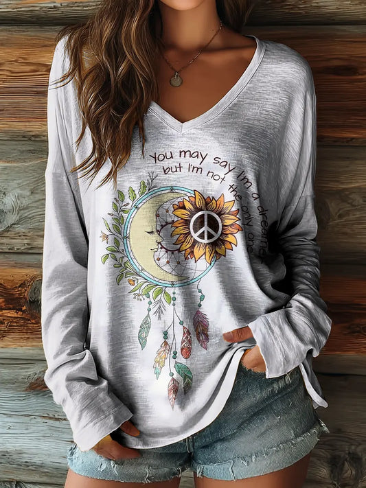 Women&#39;s Hippie Art Print Casual V-Neck Long Sleeve T-Shirt