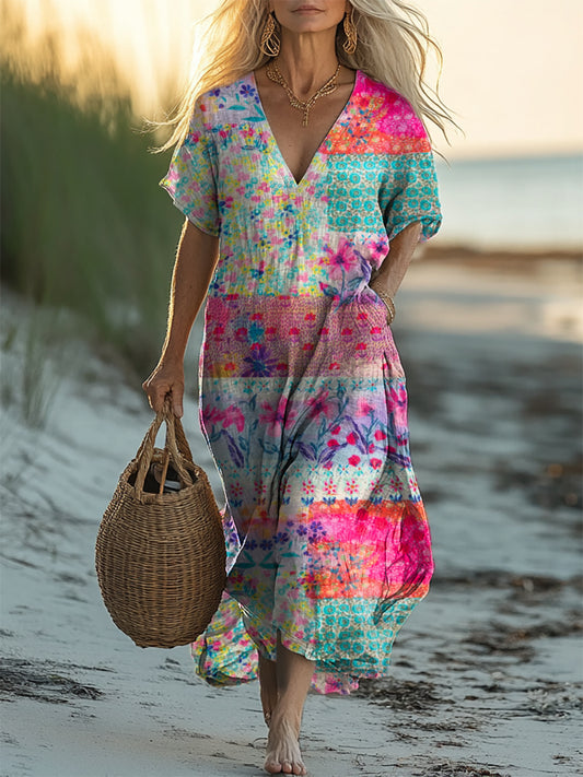 Women's Flower Collage Art Print Short Sleeve Pocket Cotton Linen Dress