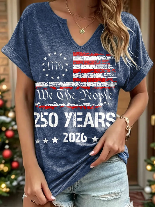 Independence Day Print V-Neck Cotton T-Shirt