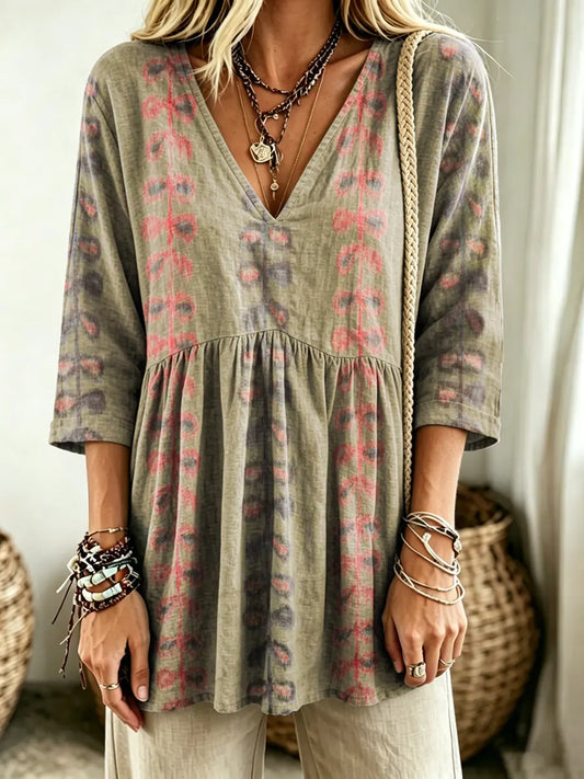 Women's Retro Floral Art Print V-neck Casual Blouse