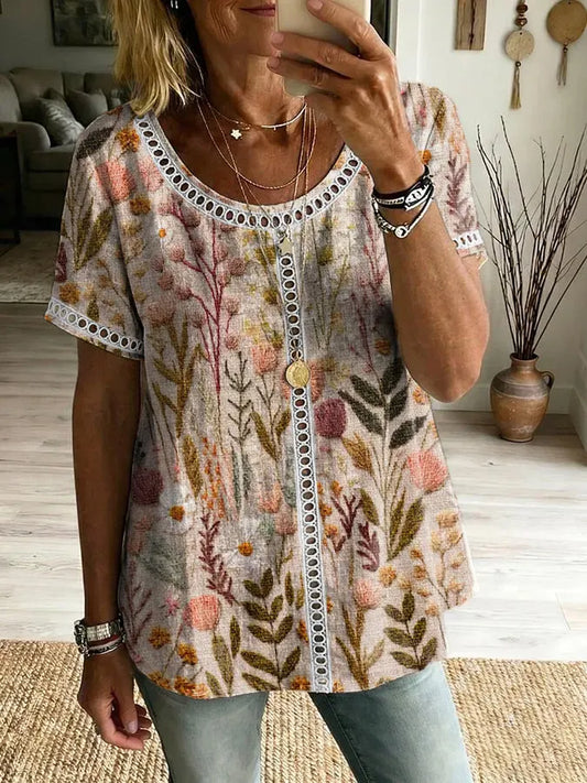Women's Retro Floral Art Print Round Neck Short Sleeve Hollow-Out Shirt