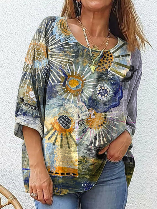 Women's Vintage Ethnic Floral Patchwork Art Print Casual Crew Neck Cotton And Linen Shirt