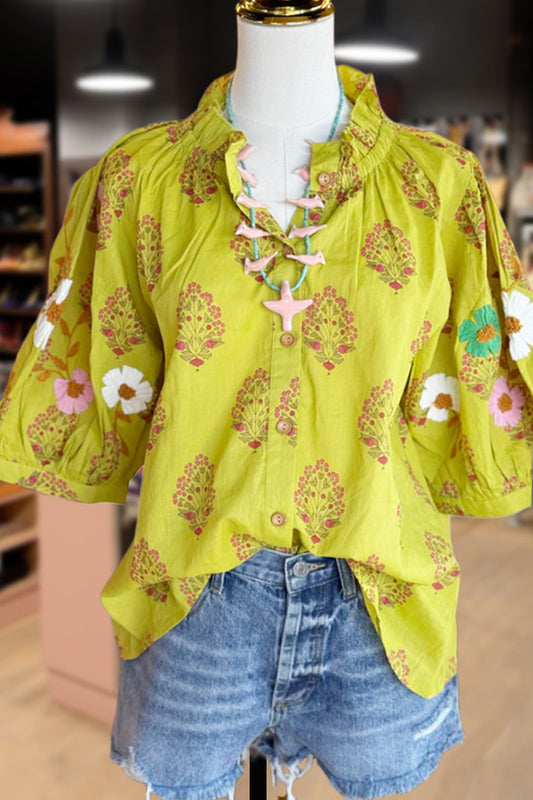 Floral Print Embroidered Puff Sleeve Top