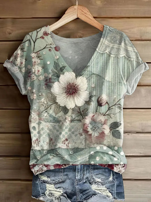 Ethnicity Bohemia Flowers Patchwork Women's V-neck Print Casual T-shirt