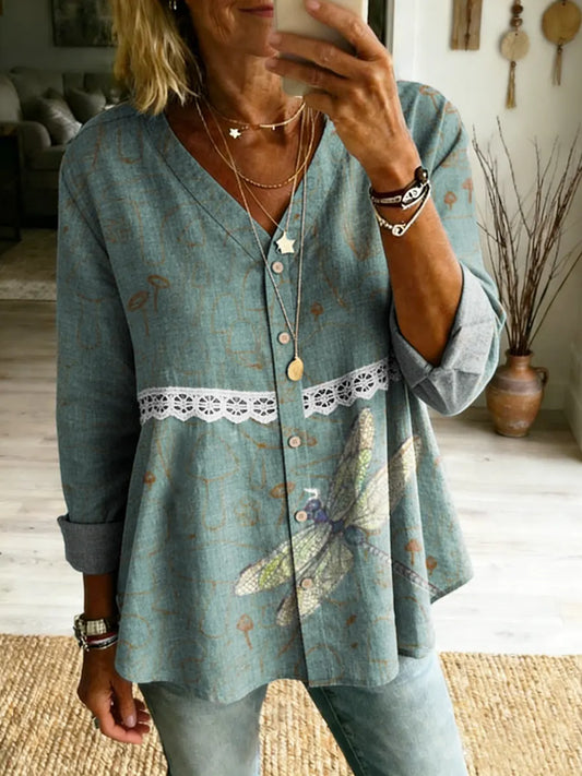 Women's Mushroom and Dragonfly Floral Art Print V-Neck Lace Shirt
