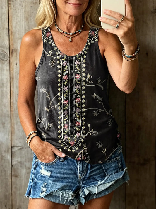 Women's Vintage Ethnic Floral Art Print Round-Neck Sleeveless Vest