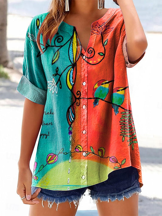 Women's Vintage Floral Bird Art Printed Casual Short Sleeve Cotton and Linen Shirt