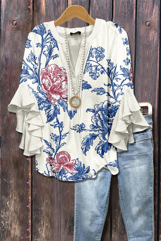 Art Floral Print Ruffle Sleeve Top