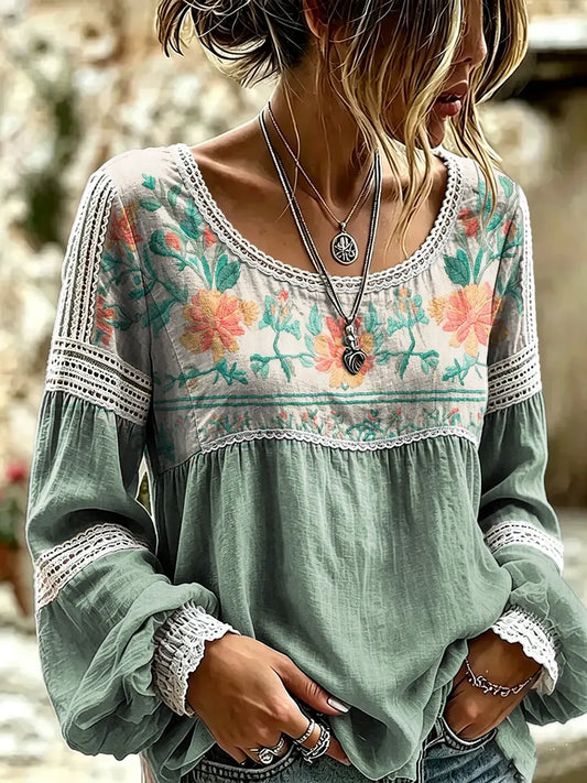 Ethnicity Bohemian Flowers Patchwork Women's Art Print Casual Lace Print Blouse Shirt