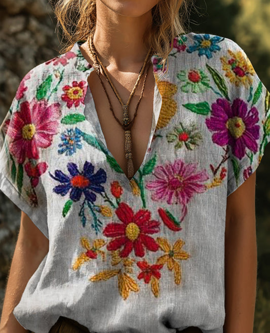 Women's Bohemian Floral Art Print Casual Cotton Short Sleeve V-neck Shirt