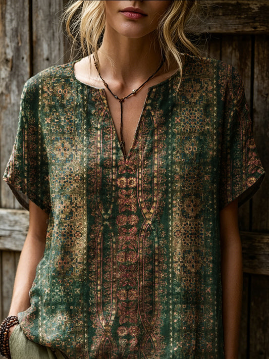 Women's Retro Ethnic Art Print Casual Short-sleeve V-neck Cotton Linen Shirt