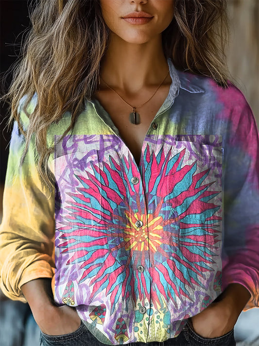 Women's Colorful Tie Dye Print Casual Long Sleeve Comfortable Cotton Shirt