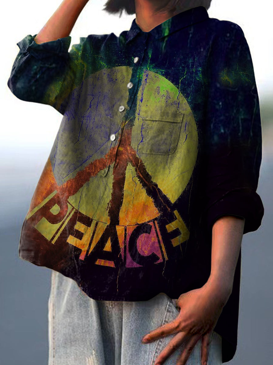 Women's Anti-war Peace Sign Print Casual Cotton And Linen Shirt