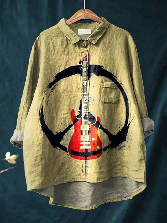 Vintage Peace And Love Guitar Art Print Casual Cotton And Linen Shirt