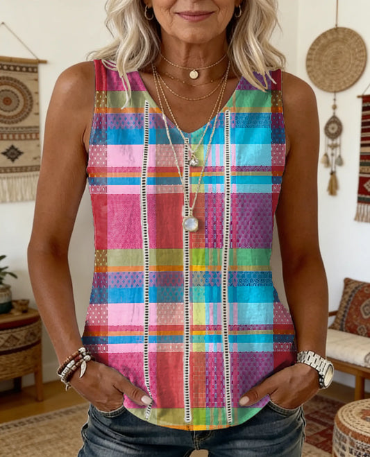 Women's Colorful Plaid Pattern Art Print Hollow-out Cotton Linen V-neck Sleeveless Top