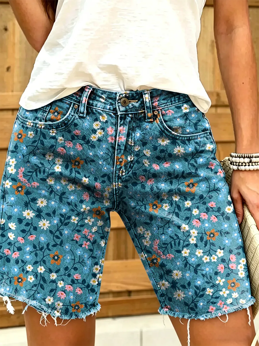Ethnicity Bohemian Style Flowers Women's Art Print Casual Denim Shorts