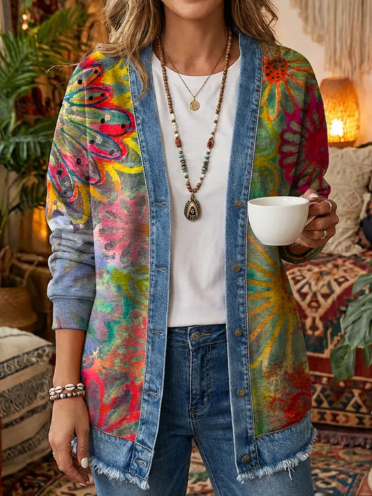 Women's Bohemian Floral Pattern Art Print Casual Long-Sleeve Shirt Jacket