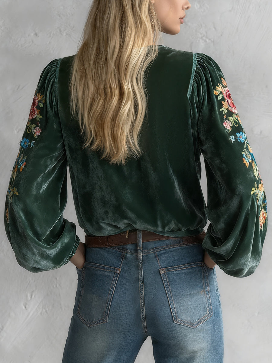 Ursime Dark Green Velvet Floral Print Lace-Up V Neck Lantern Sleeve Blouse