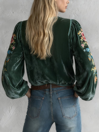 Ursime Dark Green Velvet Floral Print Lace-Up V Neck Lantern Sleeve Blouse