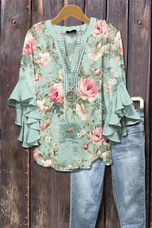 Elegant Floral Print Ruffle Sleeve Top