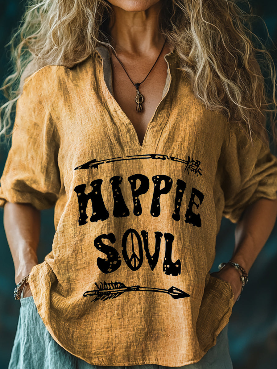 Women's Hippie Soul Print Casual Linen V-neck Shirt