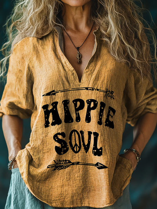 Women's Hippie Soul Print Casual Linen V-neck Shirt