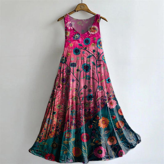 Women's Floral Art Print Round Neck Sleeveless Cotton Pocket Dresses