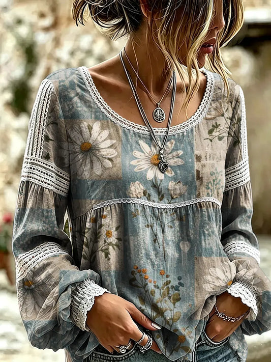 Ethnicity Bohemian Style Flowers Women's Art Print Casual Lace Print Blouse Shirt