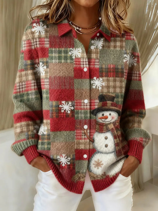 Women's Christmas Snowman Patchwork Art Pattern Print Knit Cardigan
