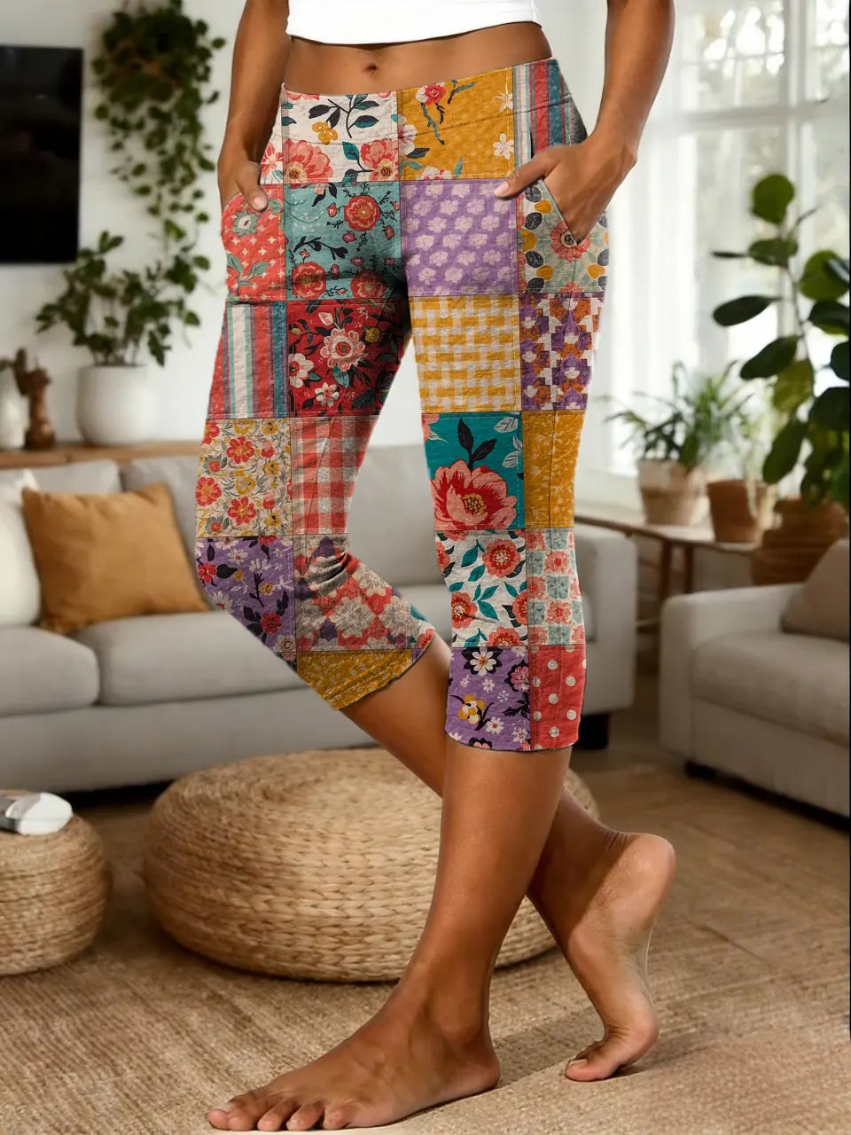 Women's Hippie Floral Patchwork Art Print Casual Leggings
