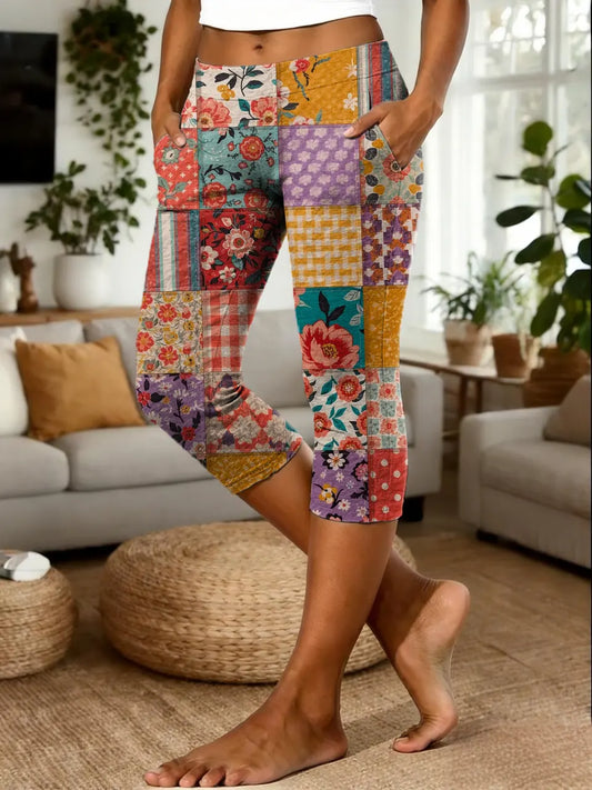 Women's Hippie Floral Patchwork Art Print Casual Leggings