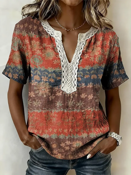 Women's Bohemian Floral Patchwork Print Short-sleeved Lace-trimmed V-neck Shirt