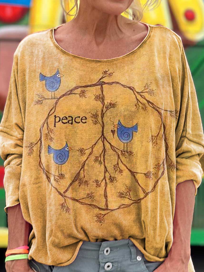 Retro Hippie Peace Sign Love and Peace Art Print Casual Long Sleeve T-shirt