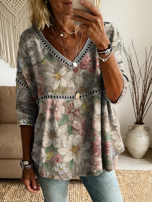 Women's Retro Floral Art Print V-Neck Lace Shirt