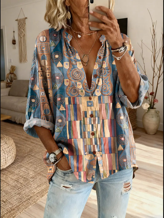 Ethnicity Geometry Patchwork Women's Vintage Art Print Casual Shirt