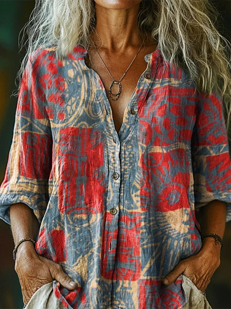 Women's Vintage Ethnic Floral Art Print Linen And Cotton V-neck Casual Shirt