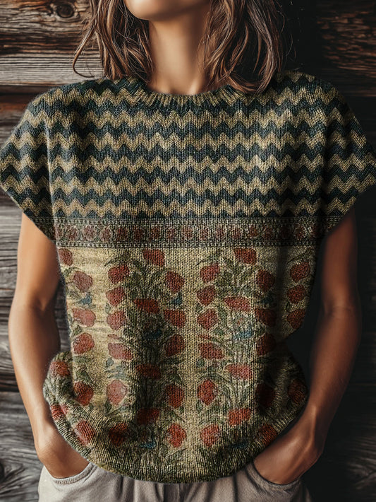 Women's Vintage Bohemian Floral Art Print Casual Crew Neck Short Sleeve Knitted Sweater