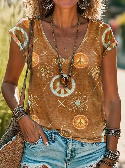 Women's Vintage Hippie Art Print Cotton V-neck T-Shirt