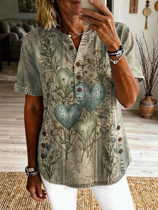 Women's Vintage Heart-and-flower Print Casual Short-sleeve Washed Shirt