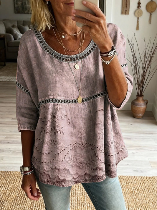 Women's Floral Art Print Round Neck Hollow-out Shirt